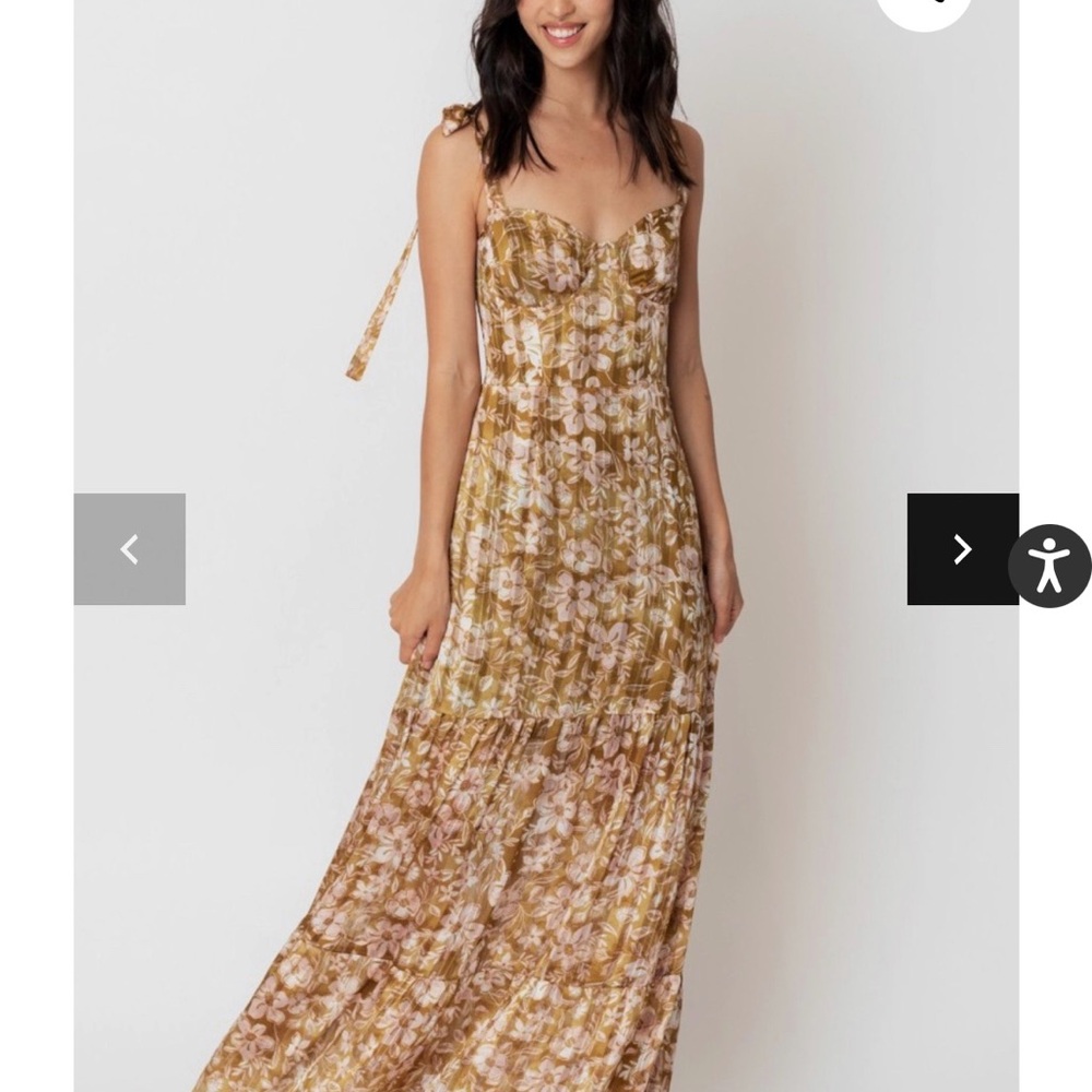 Floral Maxi Dress in Gold w/ Tie Straps